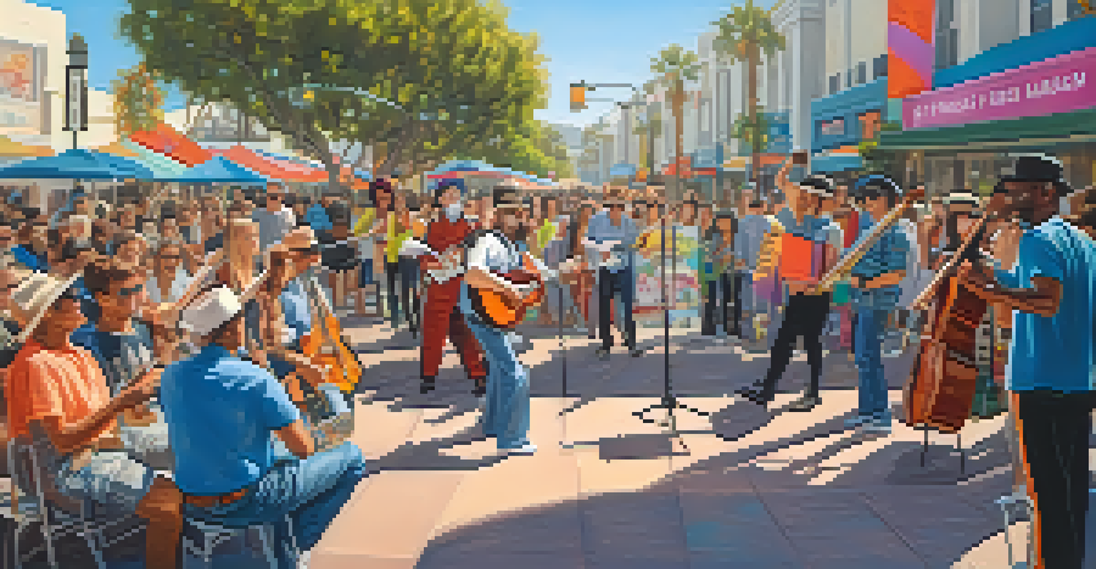 A lively street performance scene at Santa Monica's 3rd Street Promenade with various entertainers and an engaged audience.