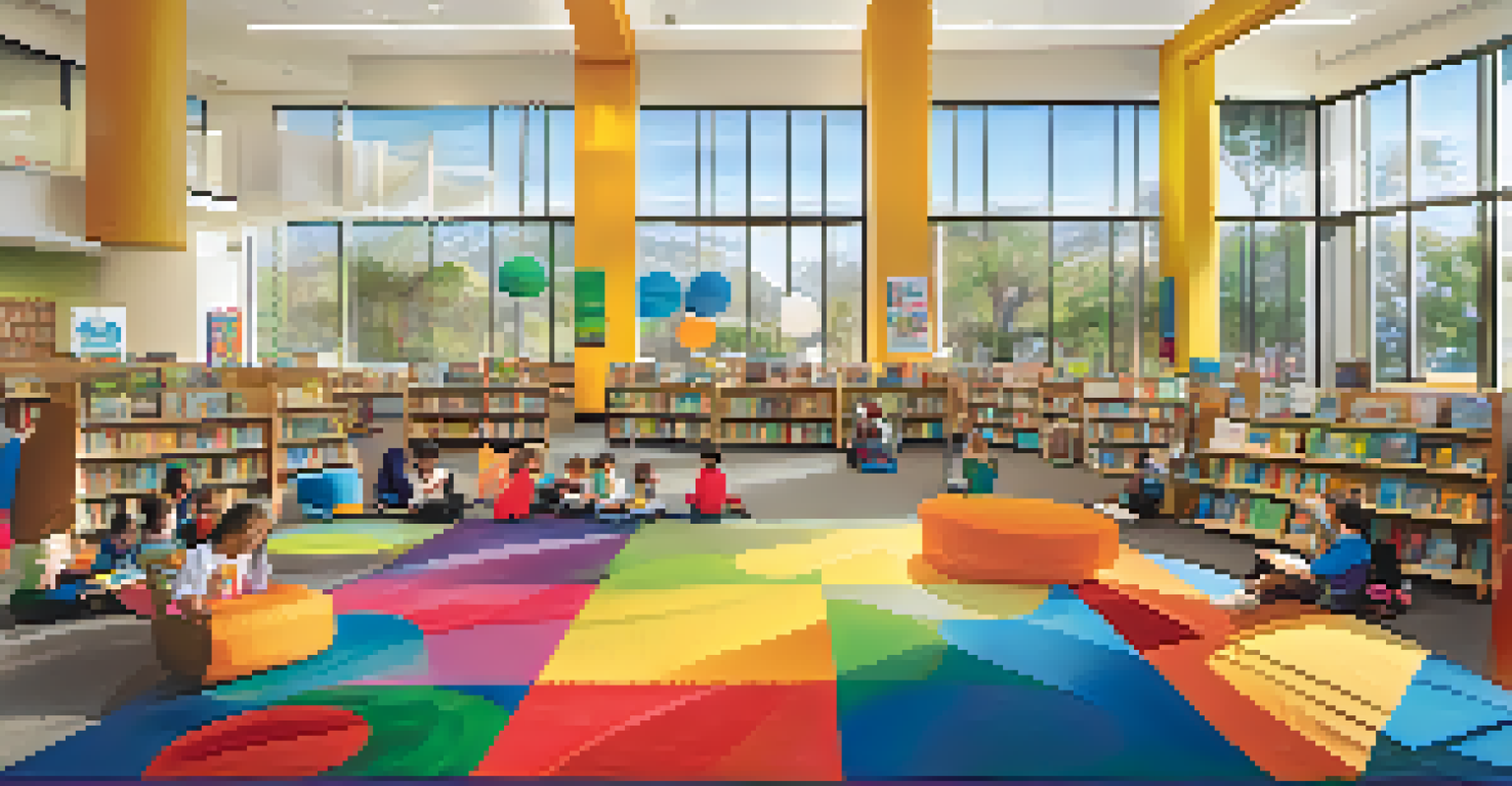 Volunteers at the Santa Monica Public Library reading to children during a reading program, with colorful books and bright light.