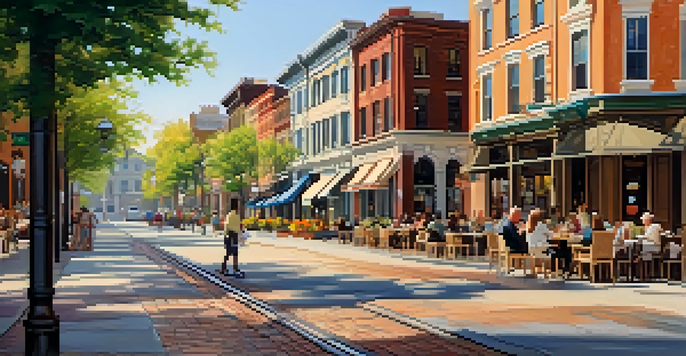 A lively historic downtown street with restored buildings and people enjoying outdoor cafes in warm afternoon light.