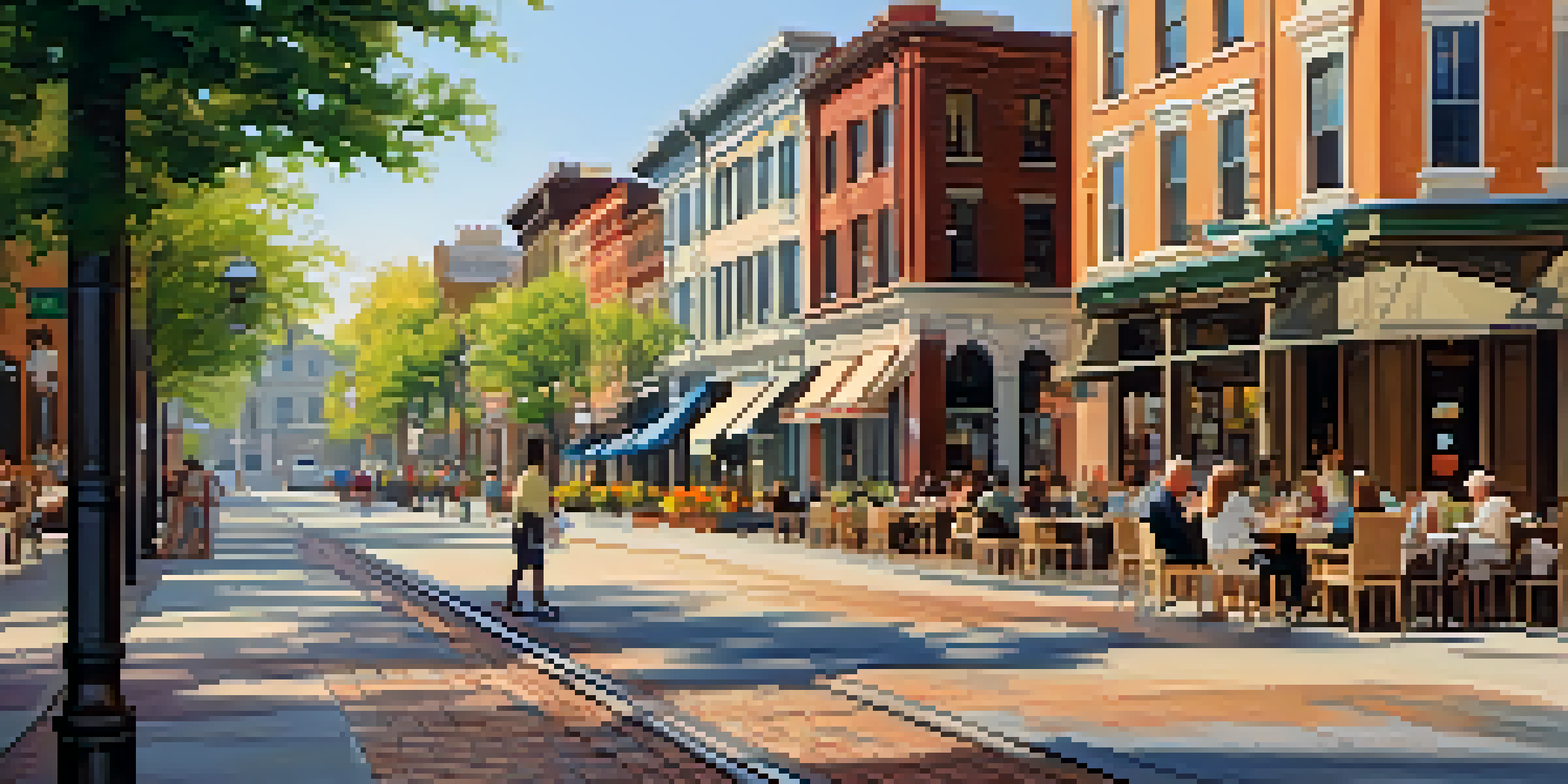 A lively historic downtown street with restored buildings and people enjoying outdoor cafes in warm afternoon light.