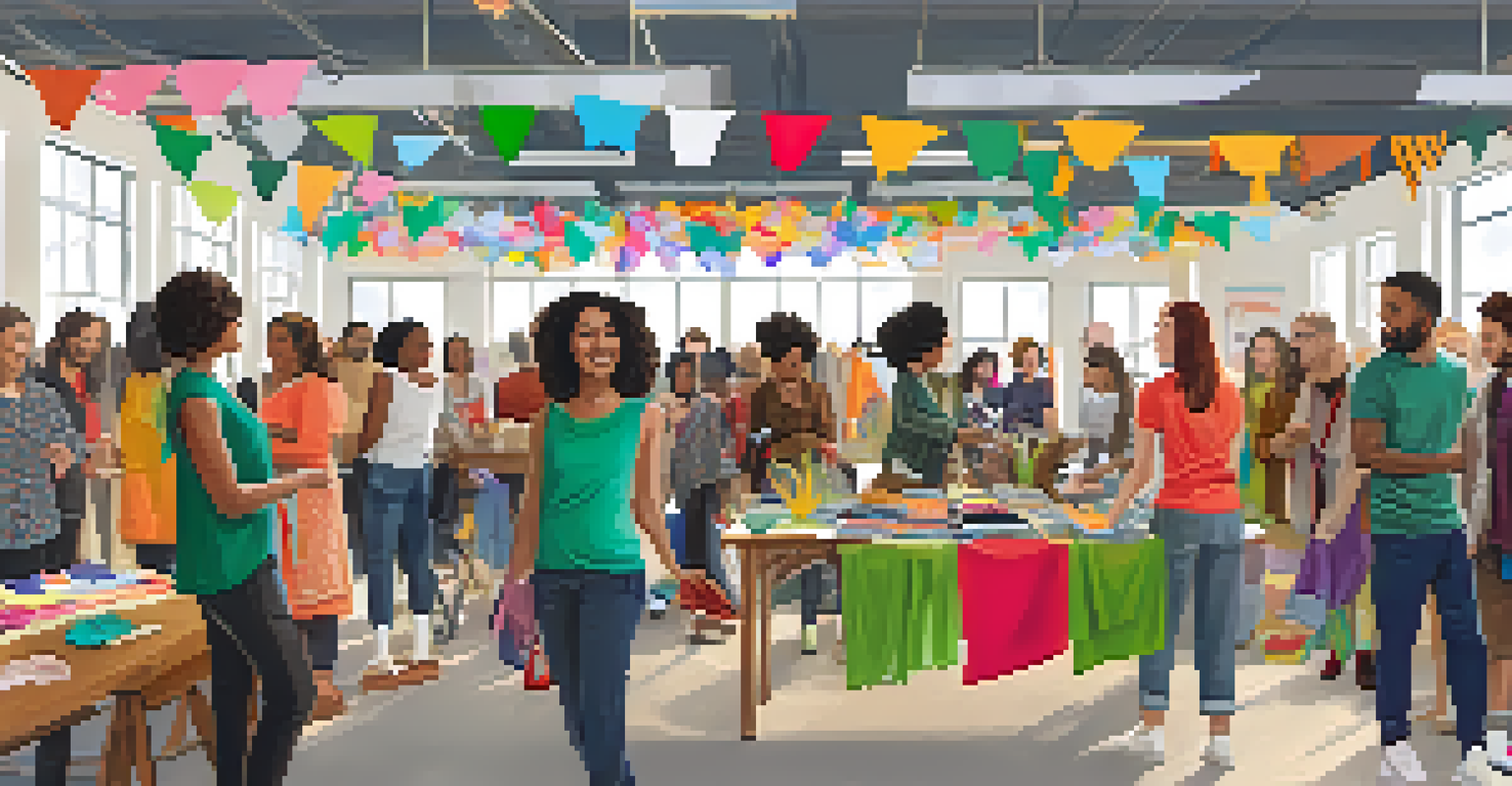 A community clothing swap event where diverse individuals exchange gently used clothing, creating a vibrant and friendly atmosphere.