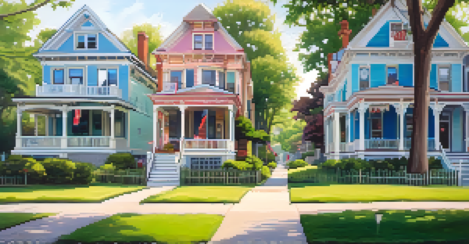 A picturesque historic district with Victorian houses, well-kept lawns, and colorful flags, showcasing the area's heritage.