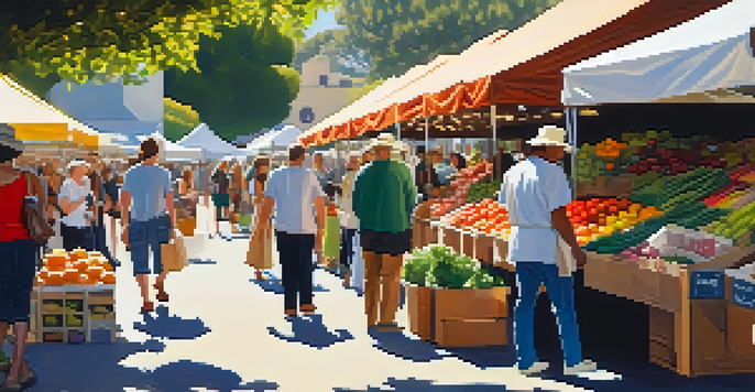 A busy farmers' market in Santa Monica with colorful stalls and people shopping for fresh organic produce.