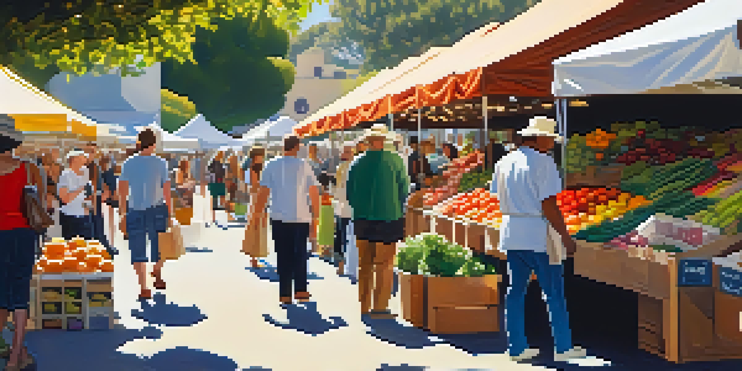 A busy farmers' market in Santa Monica with colorful stalls and people shopping for fresh organic produce.