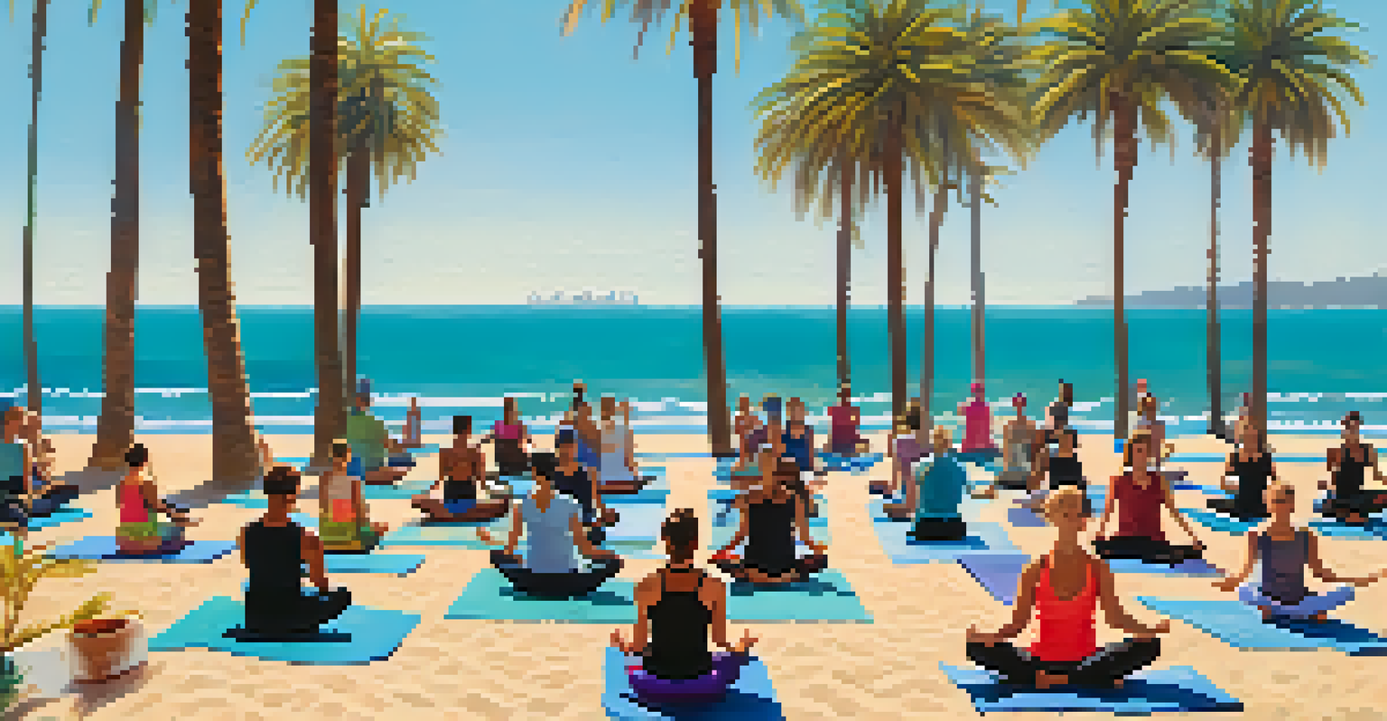 An outdoor yoga class on Santa Monica beach with diverse participants and colorful mats, palm trees, and the ocean.