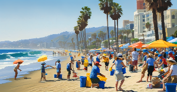 A group of diverse volunteers participating in a beach clean-up at Santa Monica Beach, collecting trash with palm trees and beach umbrellas in the background.