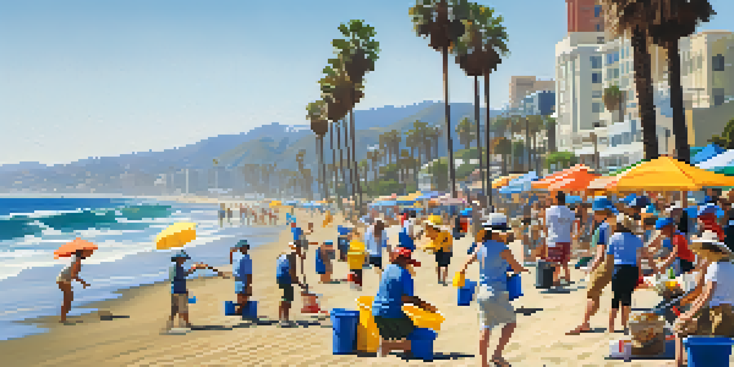 A group of diverse volunteers participating in a beach clean-up at Santa Monica Beach, collecting trash with palm trees and beach umbrellas in the background.