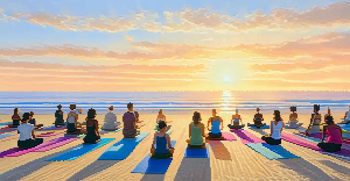 A group of diverse individuals practicing yoga on colorful mats at Santa Monica Beach during sunrise with waves in the background.