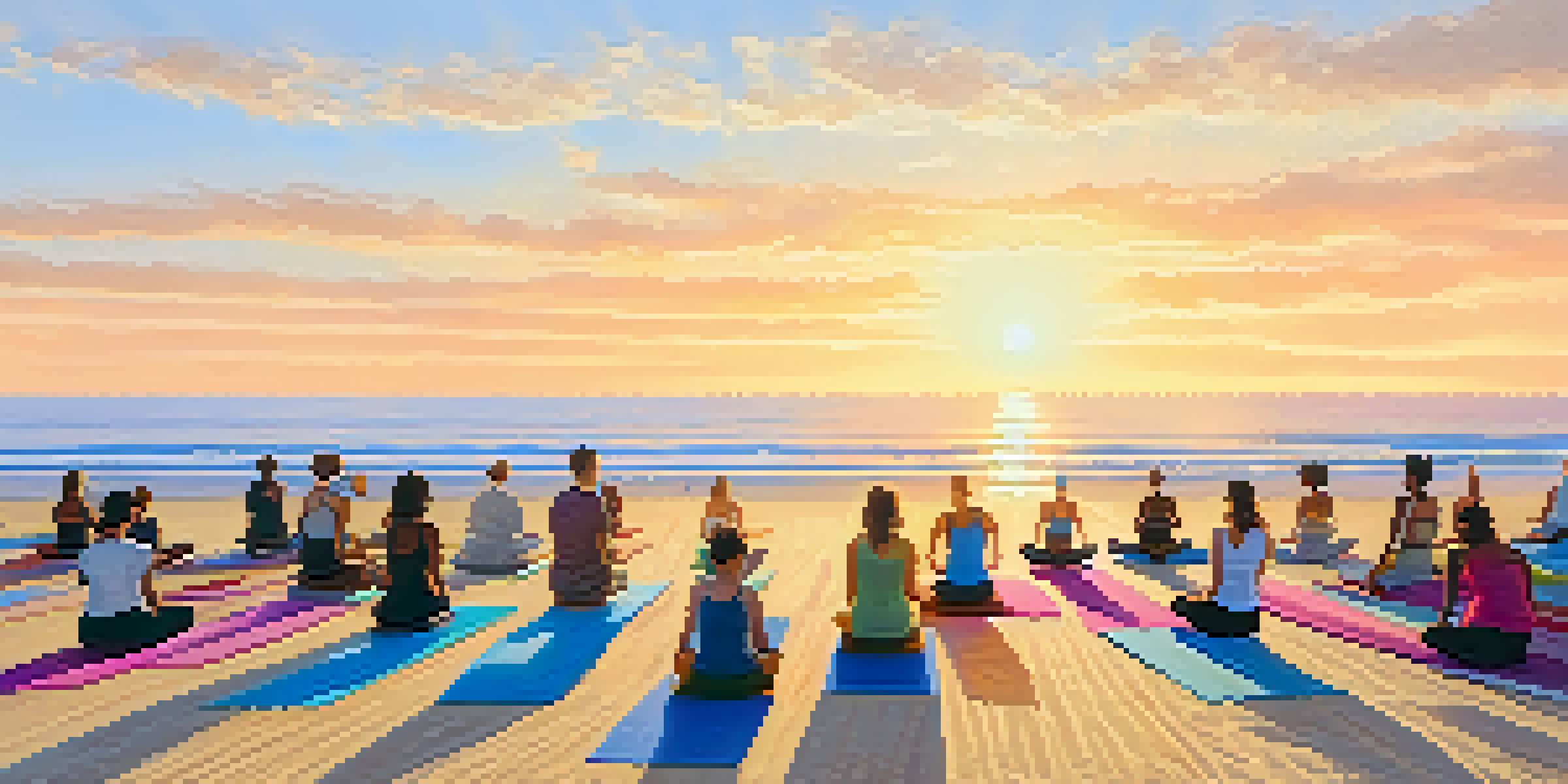 A group of diverse individuals practicing yoga on colorful mats at Santa Monica Beach during sunrise with waves in the background.