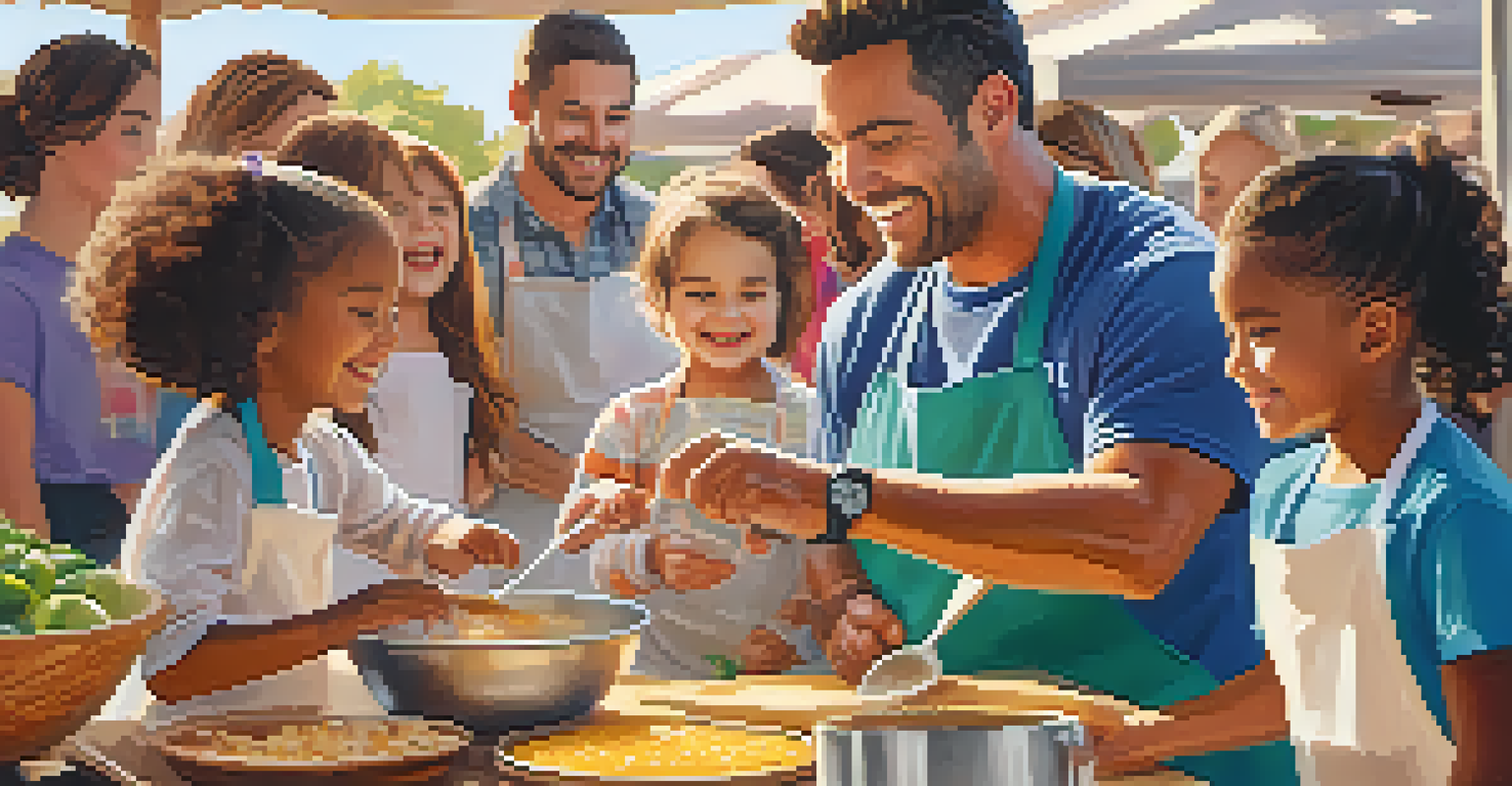 A family participating in a cooking class at a food festival, with children happily learning about healthy ingredients at a rustic wooden table.