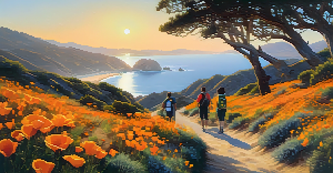 A tranquil hiking trail in Santa Monica Mountains with California poppies and sage scrub, illuminated by a golden sunset.