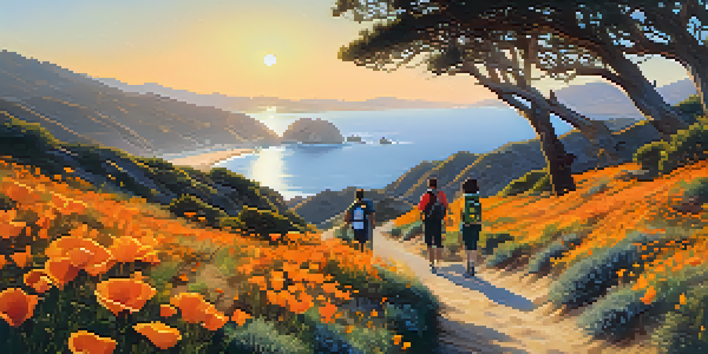 A tranquil hiking trail in Santa Monica Mountains with California poppies and sage scrub, illuminated by a golden sunset.