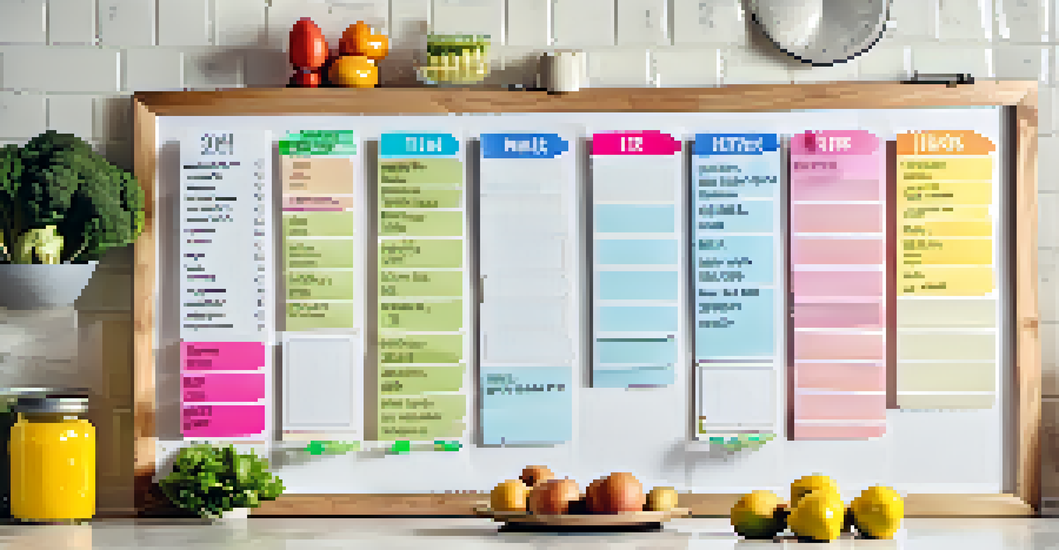 A colorful weekly meal planning board in a bright kitchen, showcasing healthy meal ideas and a grocery list.