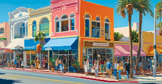A lively Santa Monica street filled with boutique shops, colorful storefronts, and palm trees under a clear blue sky.