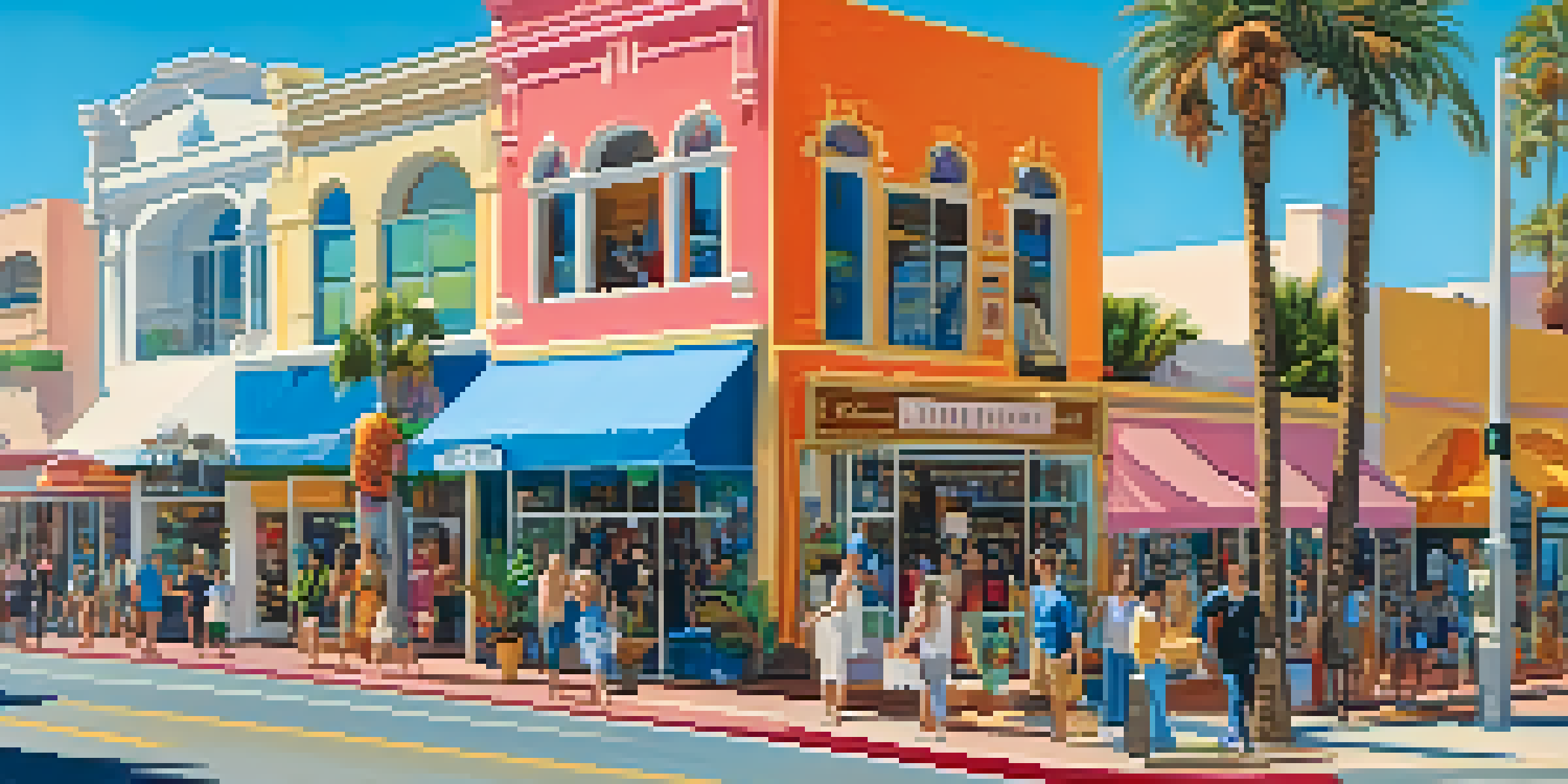 A lively Santa Monica street filled with boutique shops, colorful storefronts, and palm trees under a clear blue sky.