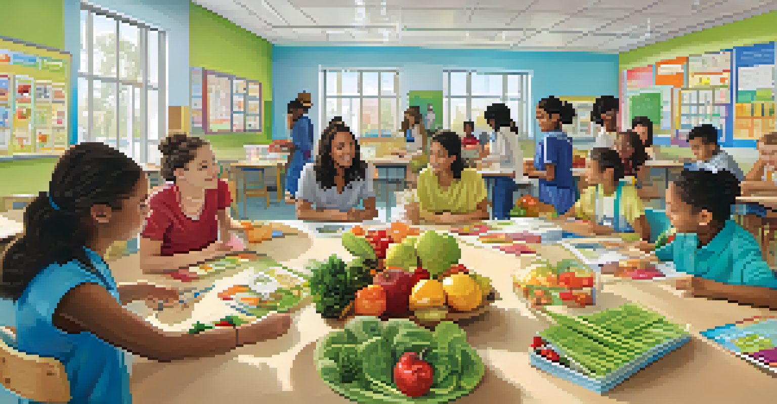 Students in a bright classroom learning about nutrition with a teacher demonstrating healthy food choices.