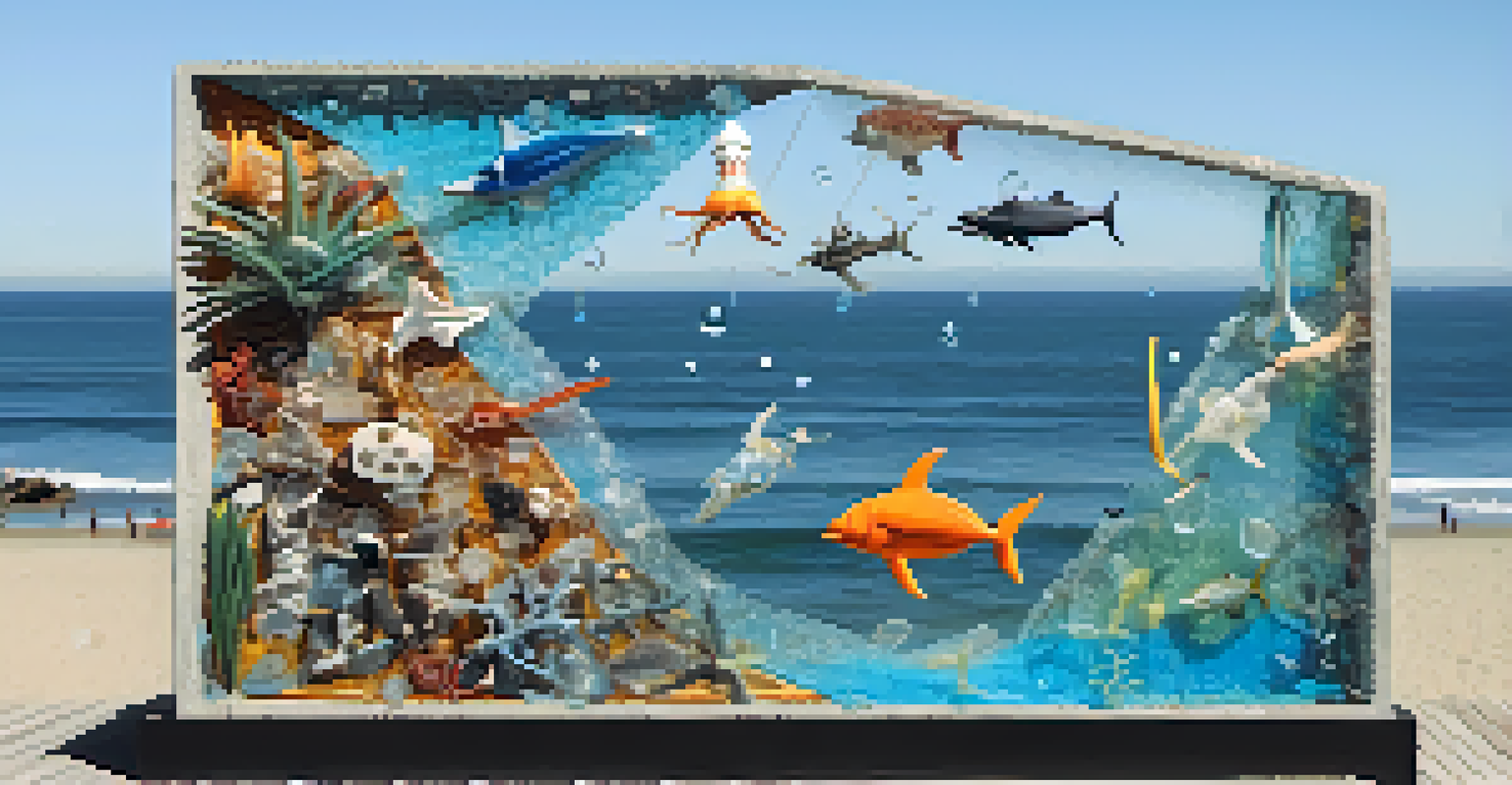 An eco-art installation made from recycled materials depicting marine life at Santa Monica beach.