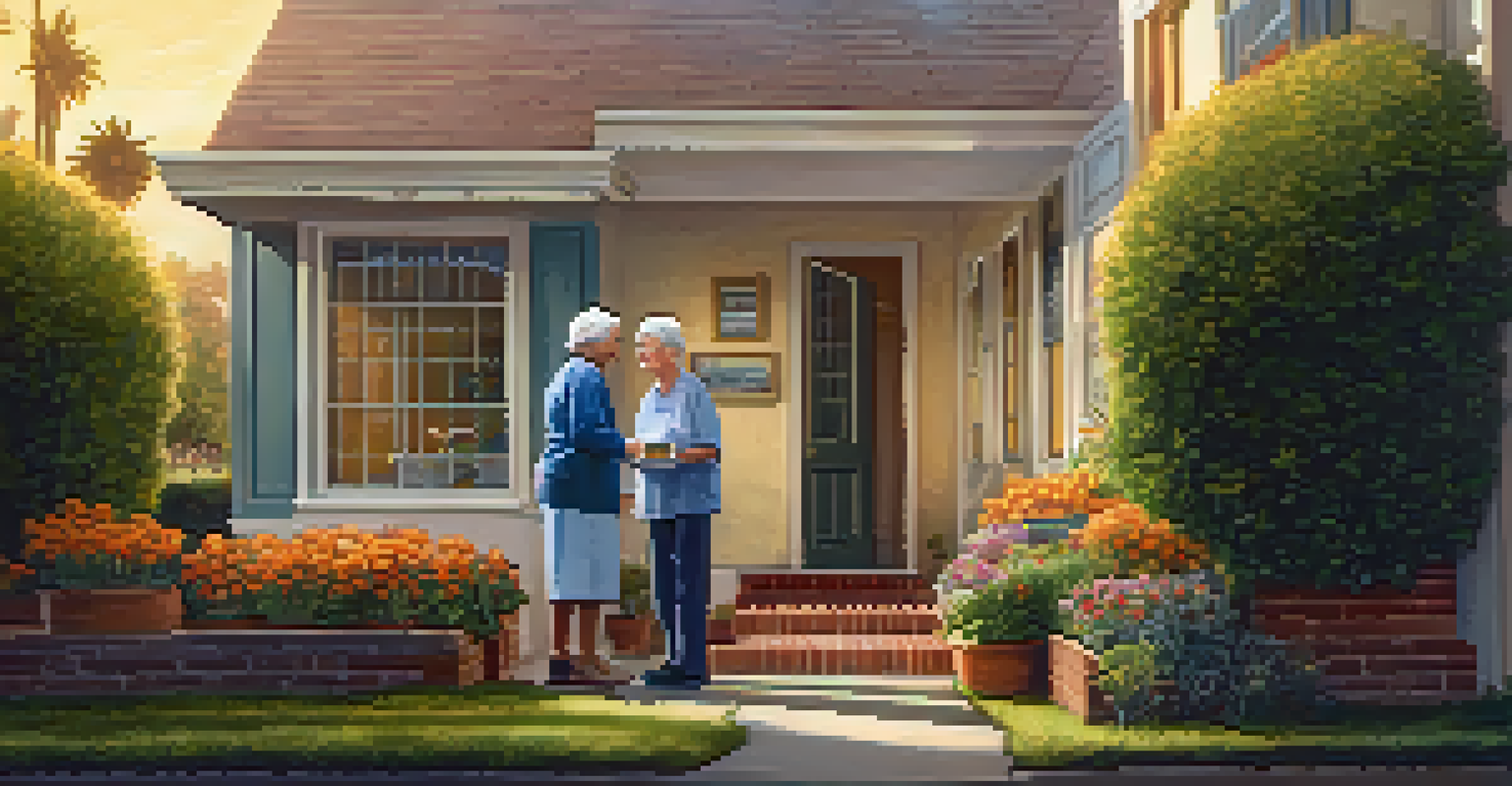 A volunteer delivering meals to a smiling senior citizen at home during sunset.