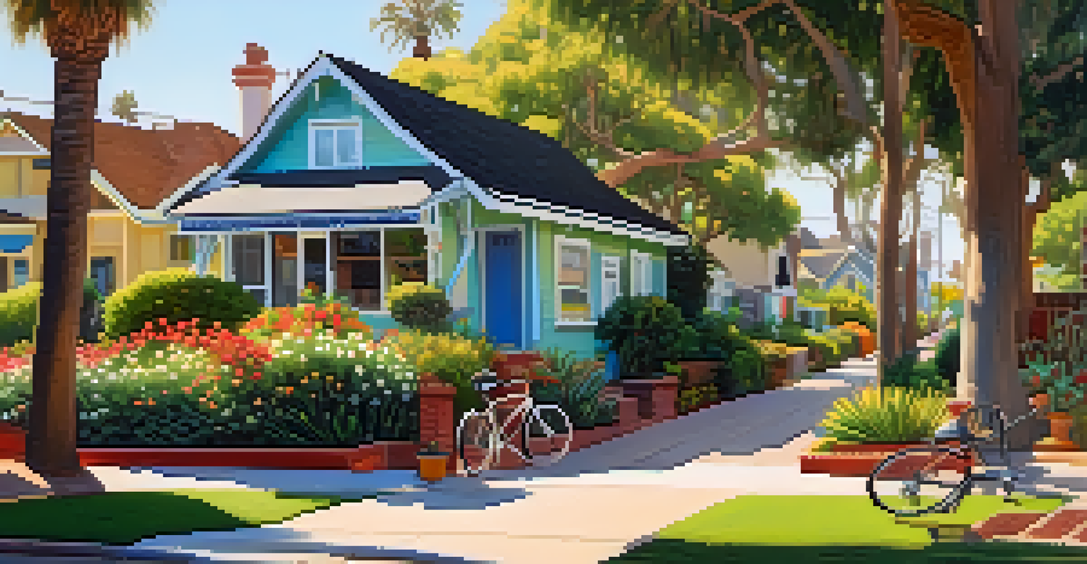 A close-up view of a Santa Monica neighborhood with colorful bungalows and blooming gardens in warm sunlight.