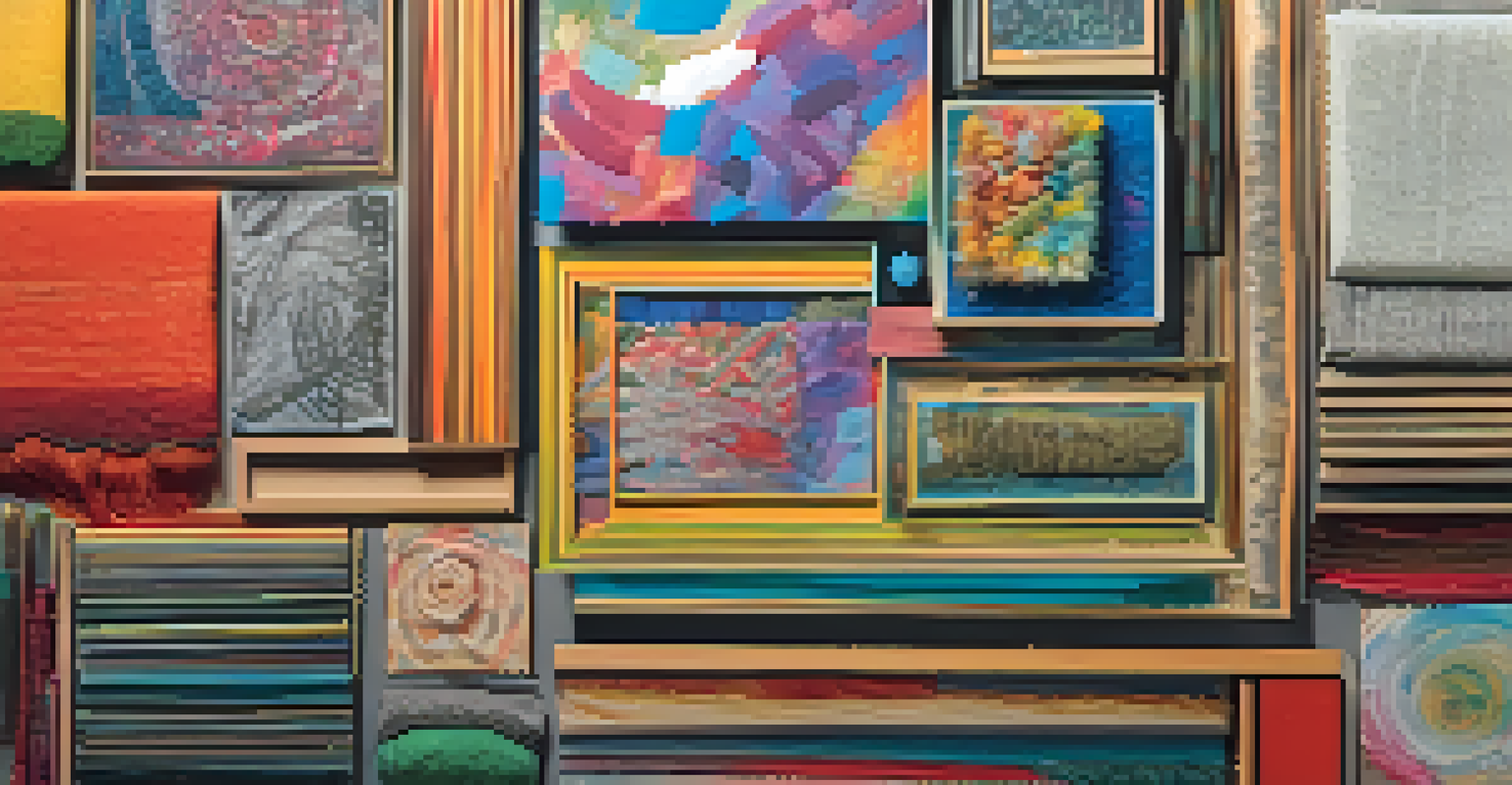 A detailed close-up of a mixed-media artwork showcasing various textures and vibrant colors on a gallery wall.