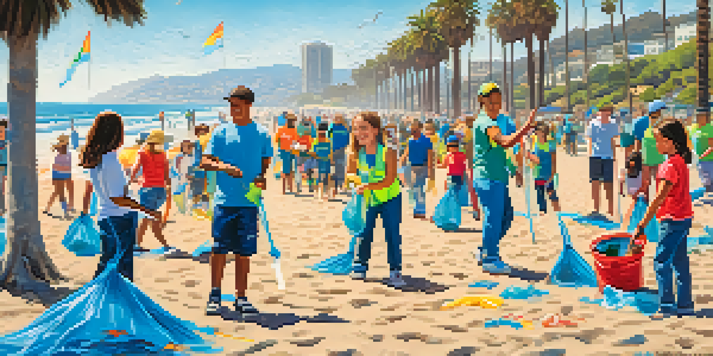 Community members of various ages participating in a beach clean-up event in Santa Monica, with the ocean and a clear sky in the background.