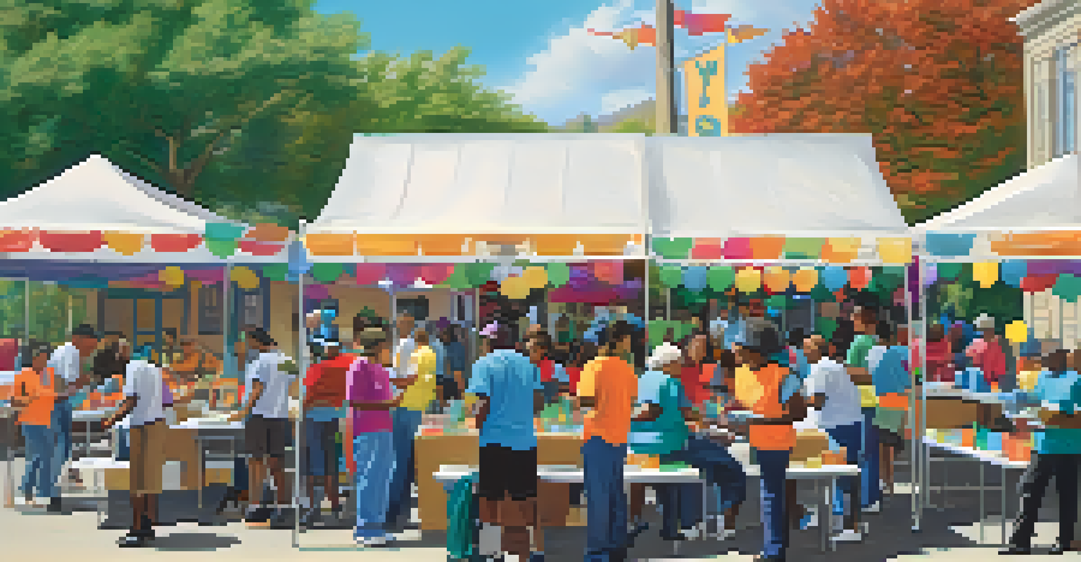 A group of enthusiastic volunteers preparing for a community health fair, showcasing teamwork and organization.