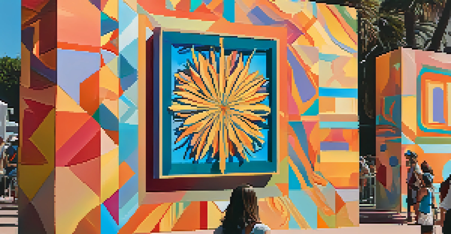 A close-up view of a colorful interactive art installation at the festival, with people engaging and sunlight enhancing the textures.