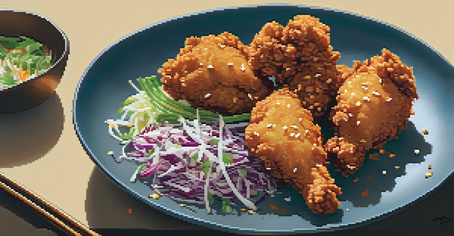 Crispy Korean fried chicken served with Asian slaw on a stylish plate, captured in natural light.