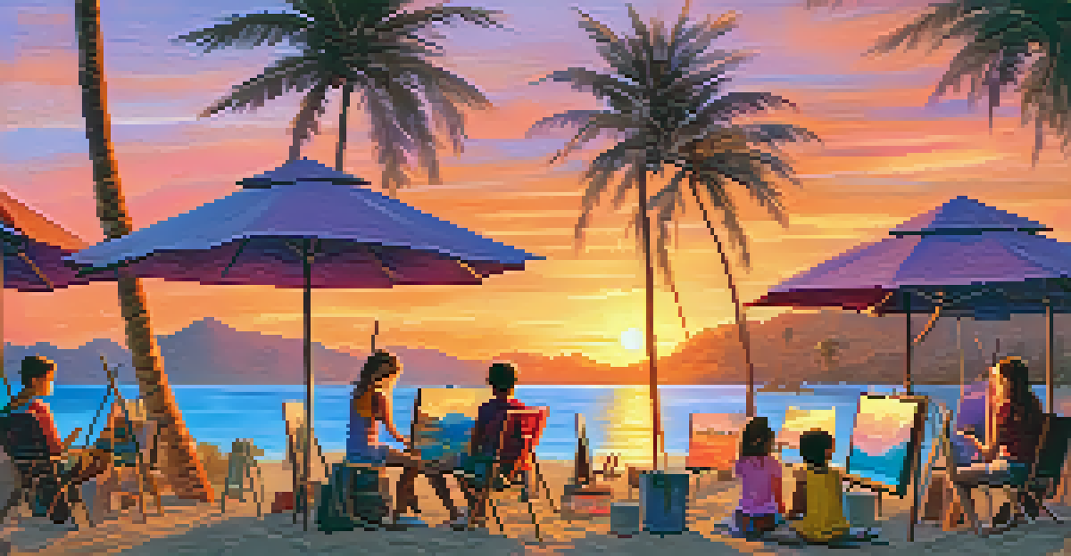 Children painting on canvases outdoors during sunset at a summer art camp, with palm trees and the beach in the background.