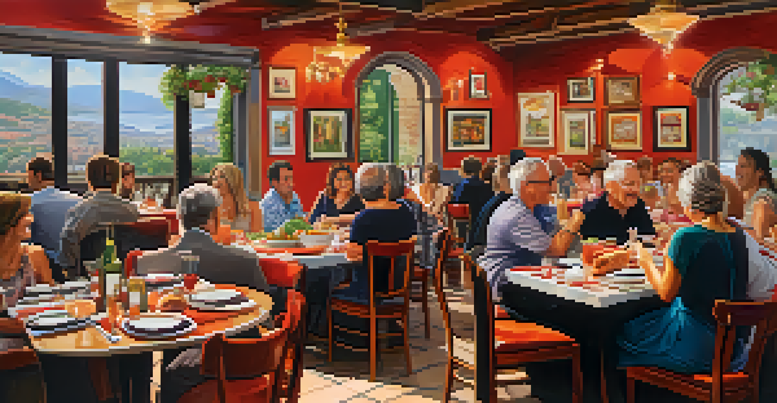 A lively Italian restaurant with a communal table full of traditional dishes and diners enjoying their meals in a colorful setting.