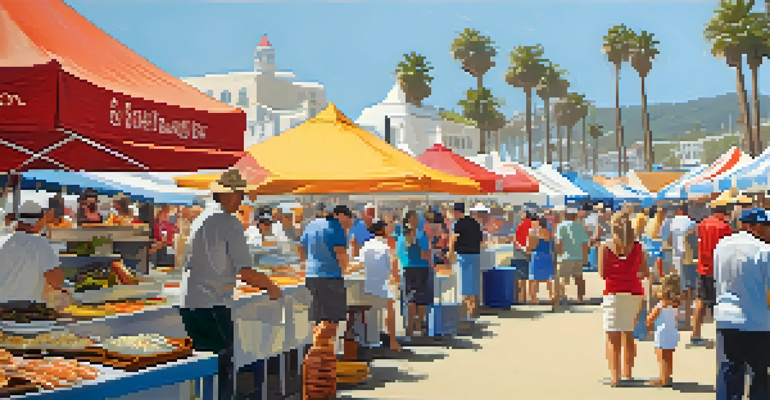 A seafood festival at Santa Monica beach, showcasing fresh seafood dishes with chefs preparing food and visitors enjoying the seaside view.