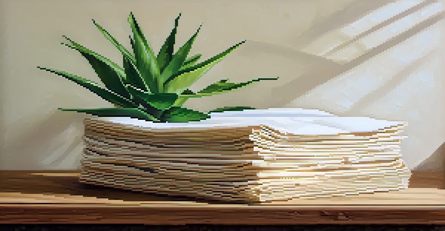 A close-up view of eco-friendly materials like recycled paper and bamboo on a wooden table, with soft lighting and a small plant in the background.