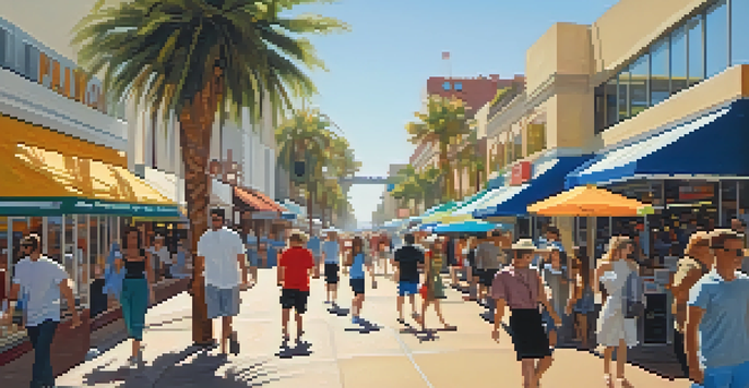 A busy shopping district in Santa Monica with shoppers, street performers, and colorful storefronts.