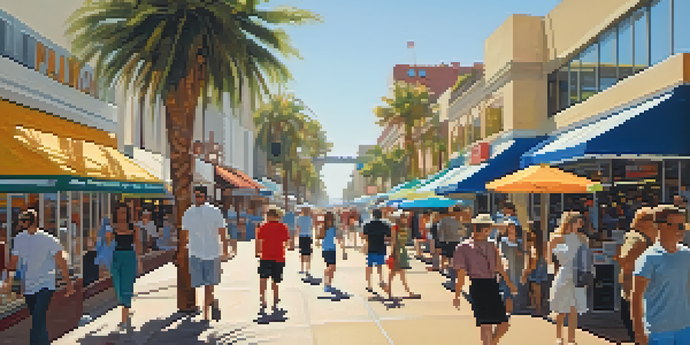 A busy shopping district in Santa Monica with shoppers, street performers, and colorful storefronts.