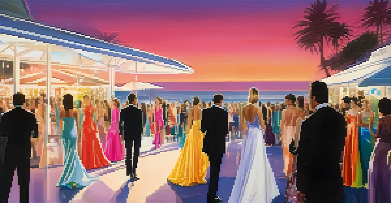 A glamorous fashion show in Santa Monica with models on the runway showcasing elegant designs under soft lights.