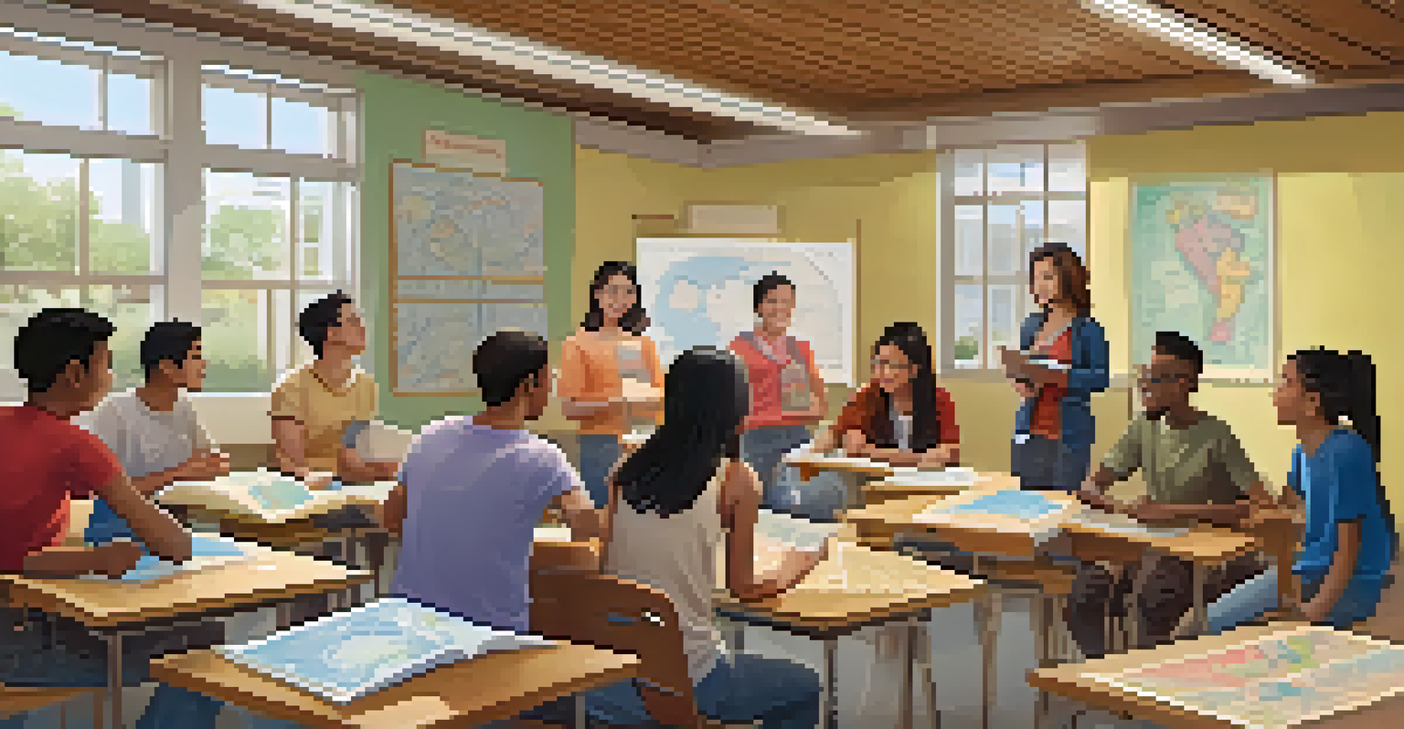 A language class in a community center with students practicing conversation in small groups, surrounded by cultural decorations.