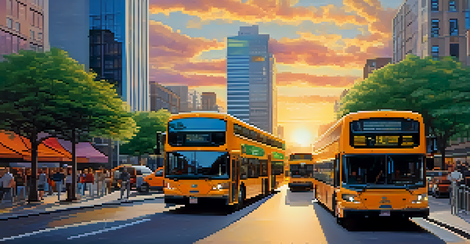 A vibrant city street filled with electric buses surrounded by greenery and people during sunset.