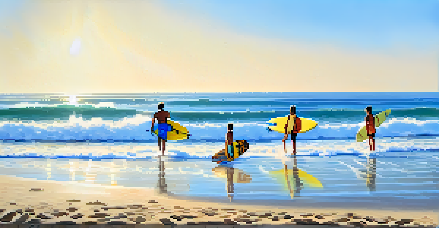 Young surfers riding waves on colorful surfboards at a sunny beach with instructors in the background.