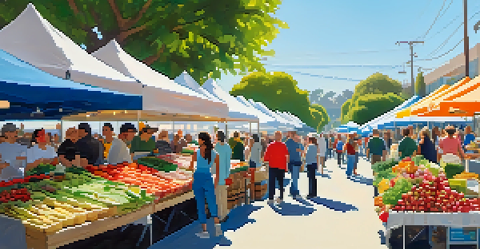 A busy Santa Monica Farmers Market with stalls of fresh produce and people interacting with farmers in a bright and cheerful environment.