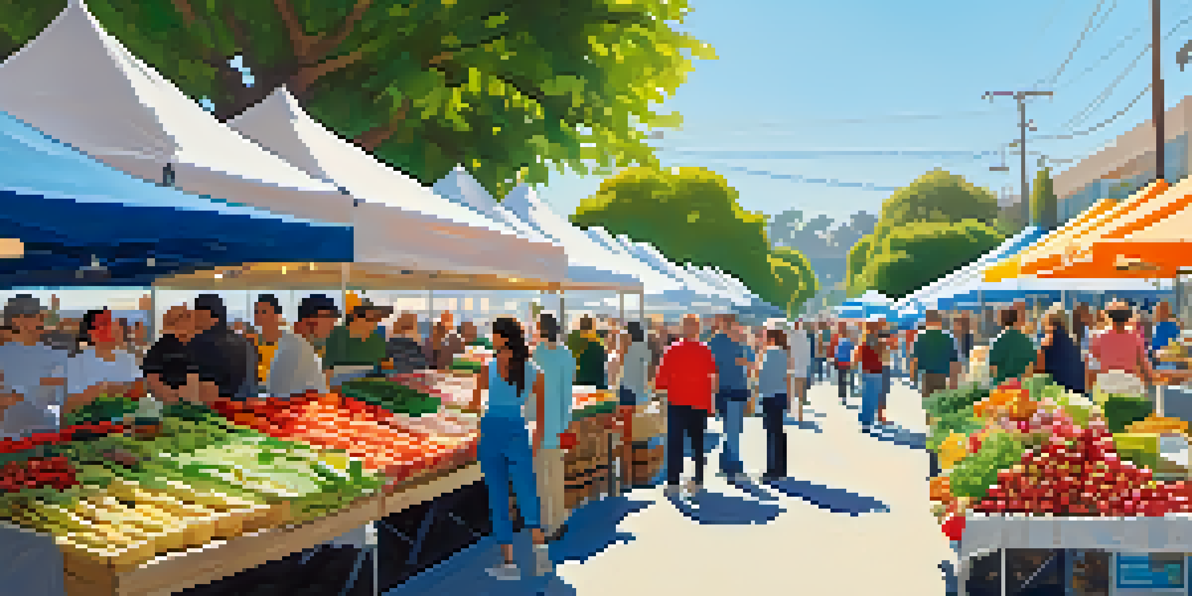 A busy Santa Monica Farmers Market with stalls of fresh produce and people interacting with farmers in a bright and cheerful environment.