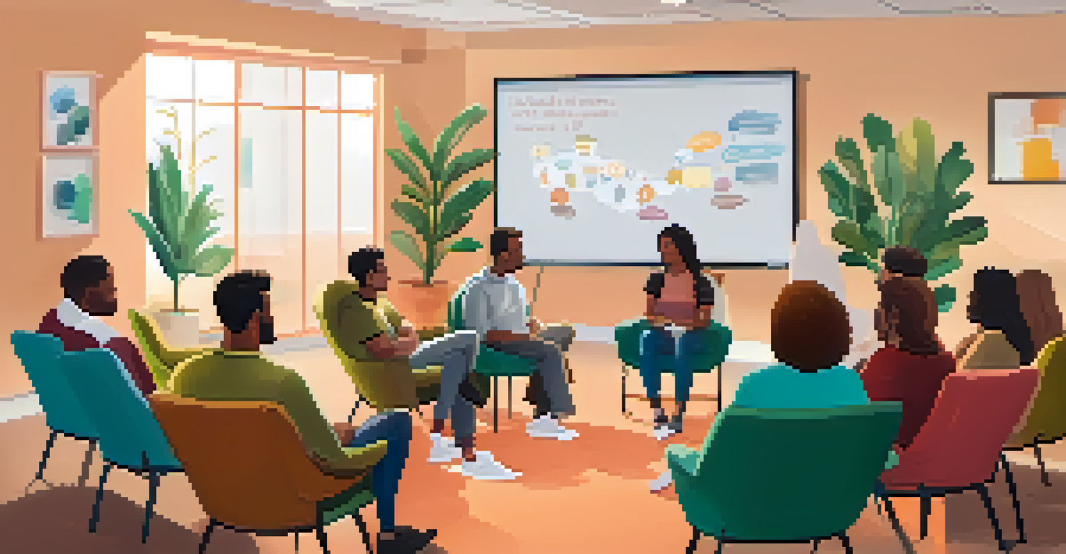 A mental health support group meeting in a cozy room with participants discussing in a circle, surrounded by plants and soft lighting.