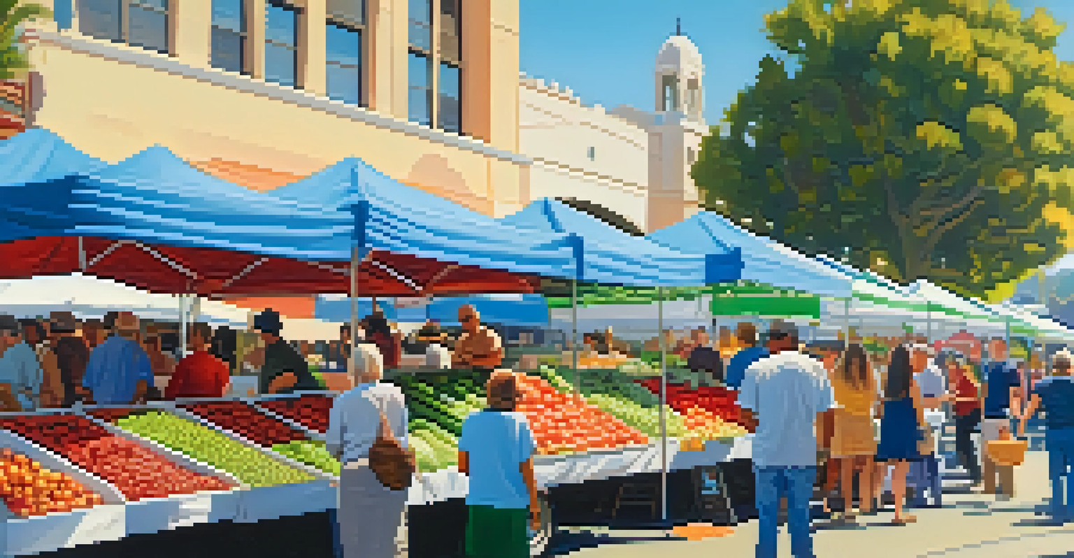A vibrant farmers market with colorful produce and local farmers interacting with customers.