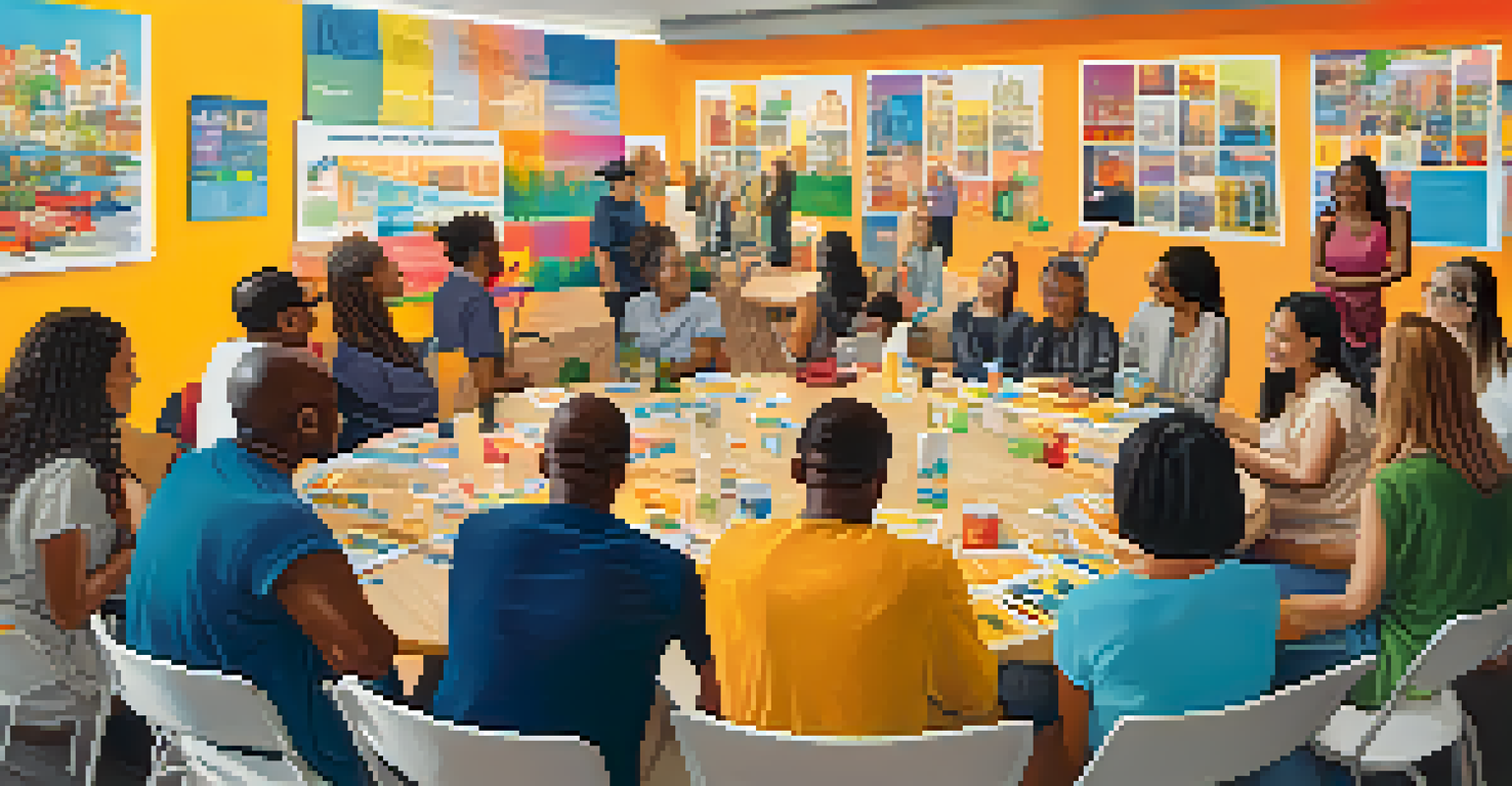 A community workshop with diverse participants discussing mental health awareness, with colorful posters in the background.