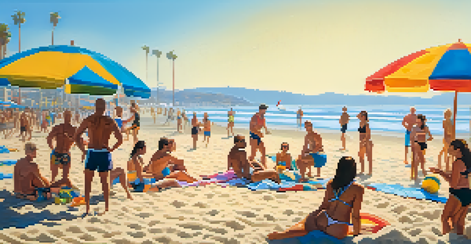 A group of diverse adults playing beach volleyball on a sunny Santa Monica beach with colorful umbrellas in the background.