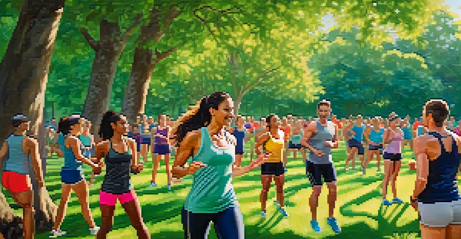 A fitness instructor leading a workout in a green park, with participants following along, all bathed in warm sunlight.