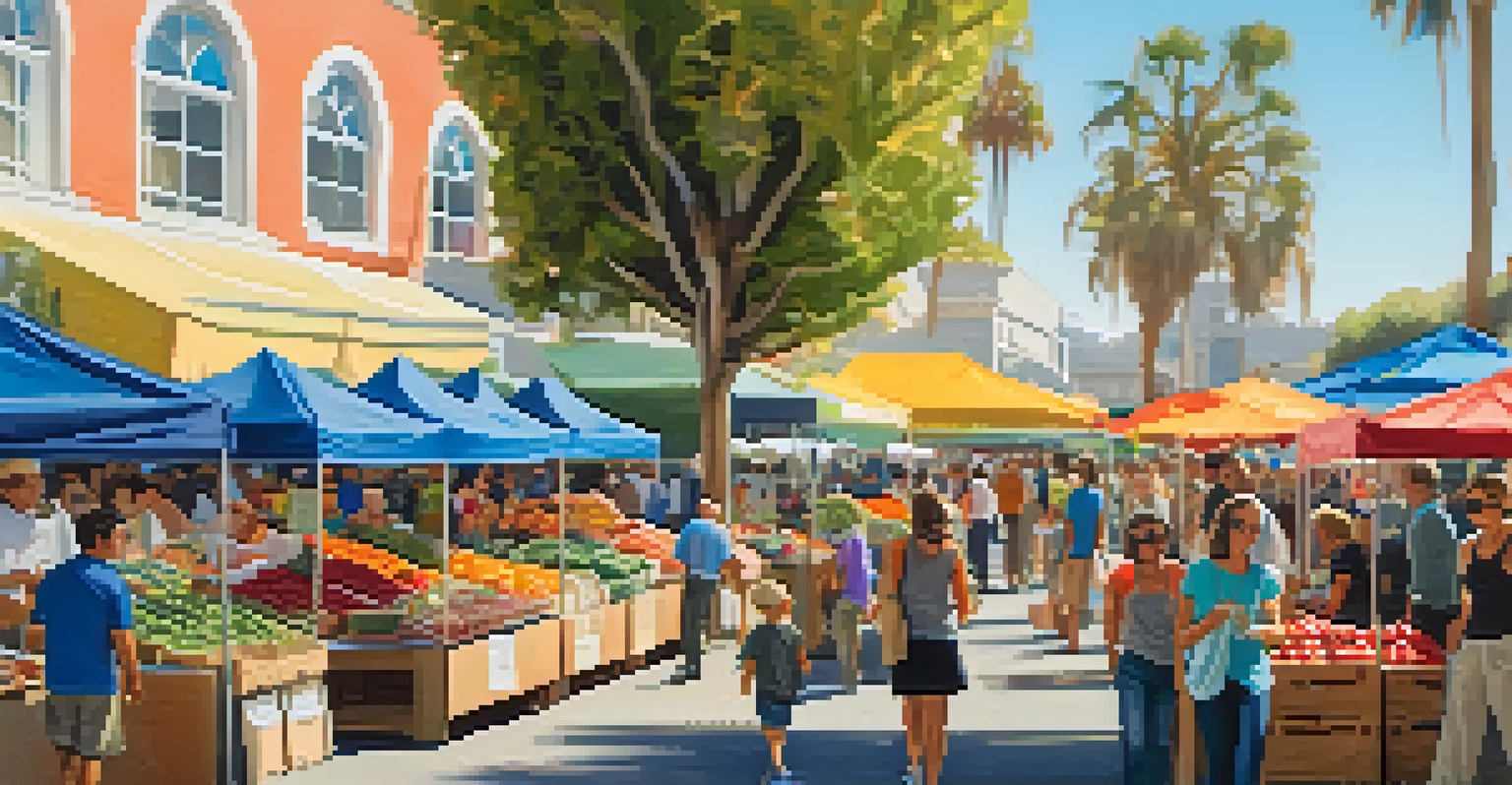 A lively farmers market in Santa Monica with colorful produce and smiling farmers interacting with visitors.