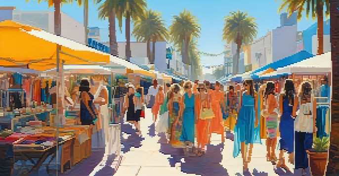 A lively Santa Monica fashion market with colorful stalls and local artisans selling unique clothing and jewelry under a sunny sky.