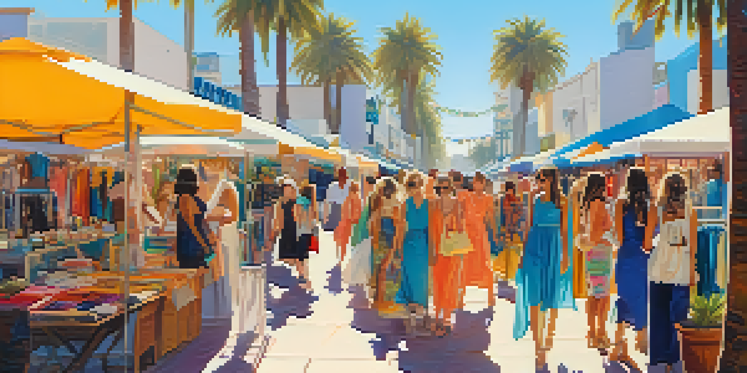 A lively Santa Monica fashion market with colorful stalls and local artisans selling unique clothing and jewelry under a sunny sky.