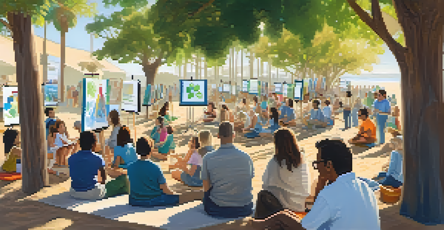An outdoor educational workshop in Santa Monica focused on climate change, with residents listening to a speaker.