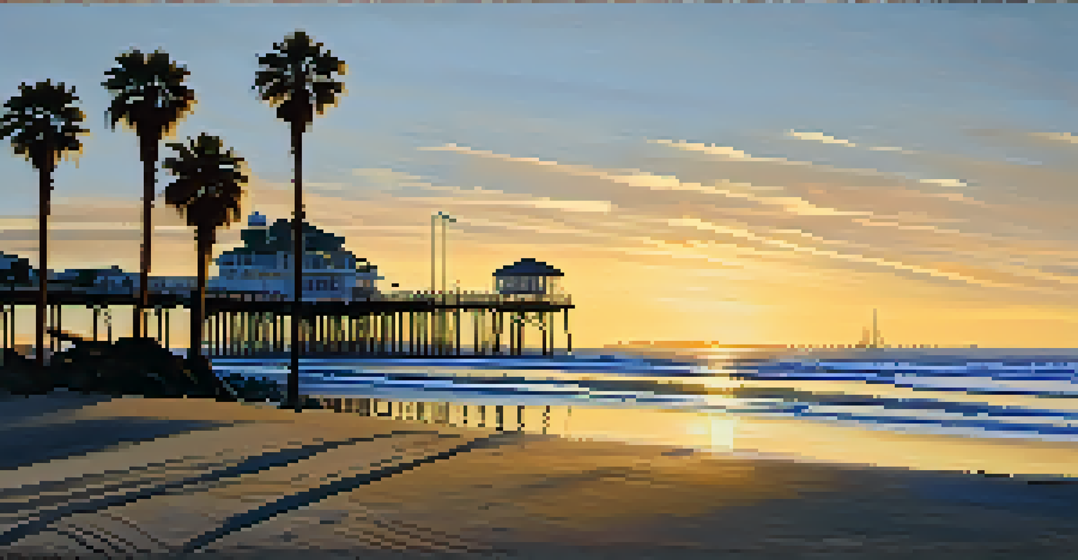 A peaceful sunset beach scene in Santa Monica with golden reflections, palm trees, and the Santa Monica Pier in the distance.